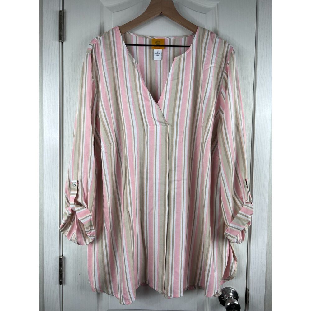 Ruby Rd. Woman Women's Rayon Twill Multi Striped Top Pink Tan White Size 1X